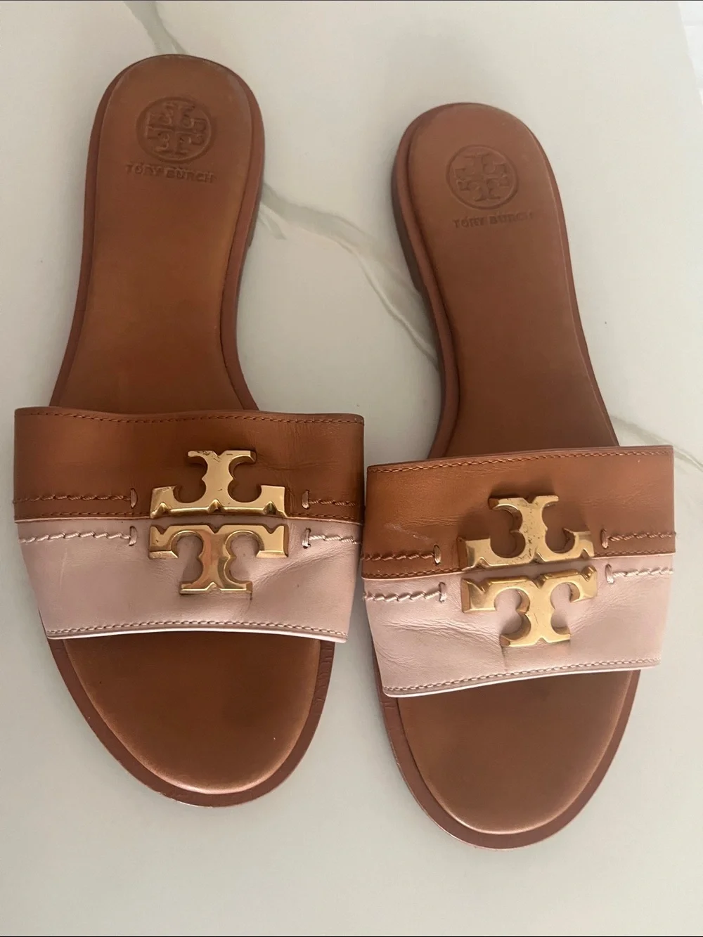 Tory Burch Two-Tone Brown and Blush Leather Slide Sandals with Gold Logo